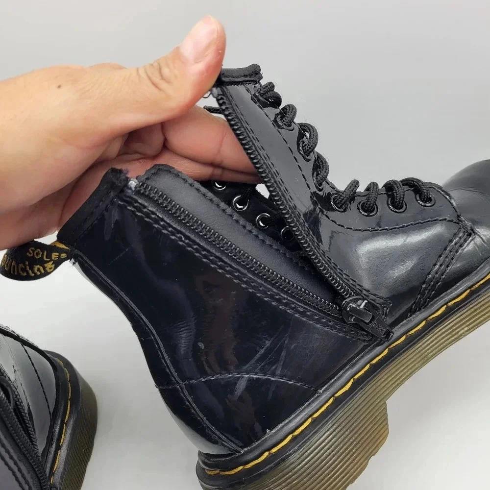 Dr. Martens Kids 1460 J Black Glossy Patent Leather Lace Up Ankle Boots US 12 - Picture 5 of 13